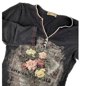 Blue‎ Canyon Y2k Women French Floral Graphic Henley Top Black Sz M Rose Grunge